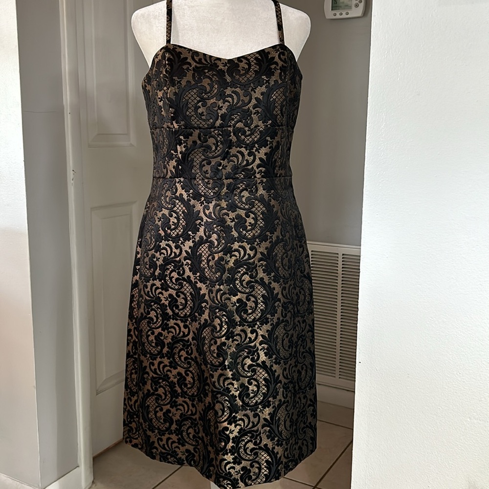 Ann Taylor Loft spaghetti strap black/gold homecoming evening dress, size 10